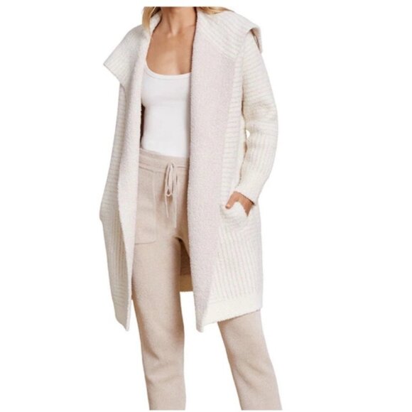 Barefoot Dreams Angular Stripe Cardi Sweater Fuzzy Long Pockets Cream Tan Stripe - Picture 1 of 12